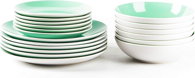 Stoneware Coupe Shape 18pc Dinnerware Set, Outside White + Inside Teal