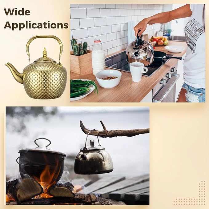 2000ml Tea Kettle, Stainless Steel Teapot with Infuser, Hammered Finish, Curved Spout, Decorative Water Kettle, Gold