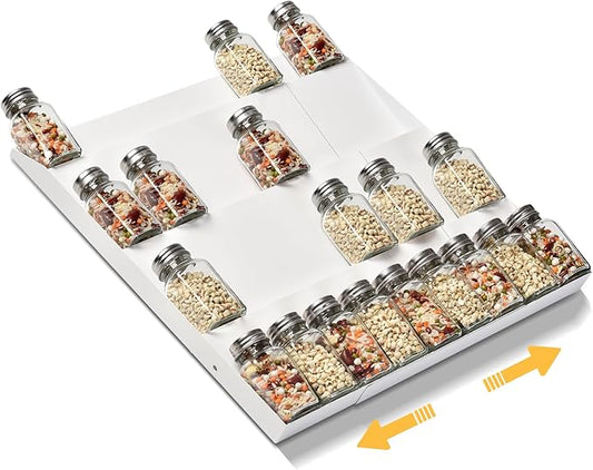 GOENDR Metal Spice Drawer Organizer, 4-Tier Spice Rack for Cabinet, Expandable Seasoning Organizer Fits 11.4-22.8” Drawer, Holds up to 48 Spice Jars (Not Included), White