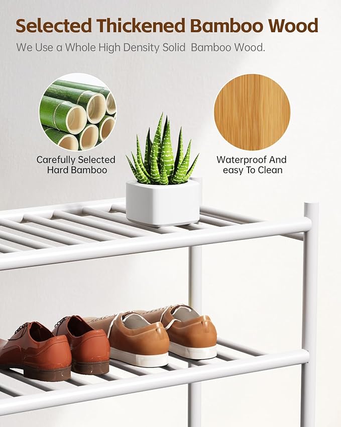 Bamboo Shoe Rack for Closet Small Wooden Shoe Organizer with Pouch, Sturdy Wood Shoe Shelf for Front Door Entrance Entryway and Outdoor, 26 inch Wide (White, 3-Tier)