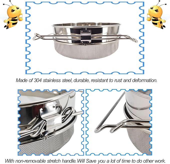Double Sieve Honey Strainer for 5 Gallon Bucket Stainless Steel Honey Filter with Up to 16.5 inches Extendable Arms Honey Processing Equipment