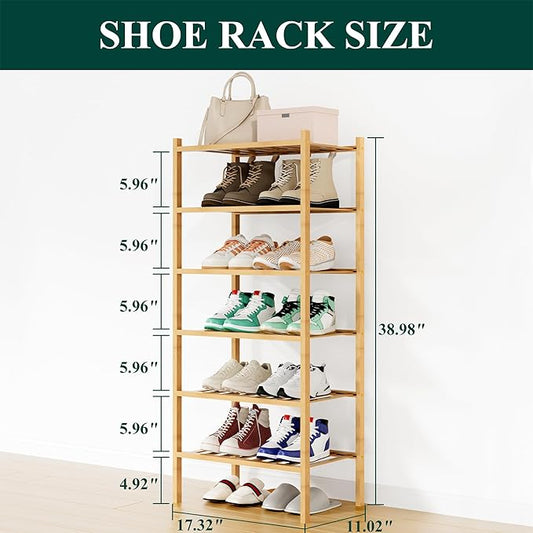 Smiry Shoe Rack, 6 Tier Small Bamboo Shoe Organizer, Stackable Free Standing Wooden Shoe Storage Shelf for Closet, Entryway, Front Door Entrance, Natural