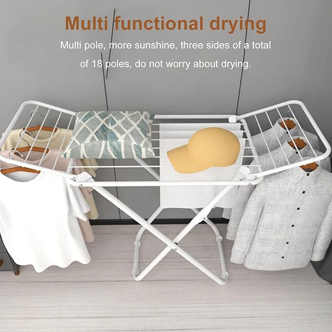Diydeg Clothes Drying Rack, Foldable Portable Laundry Drying Rack with Height Adjustable Wings, Space Saving Heavy Duty Metal Clothes Hanger for Indoor Outdoor Use, Laundry Room
