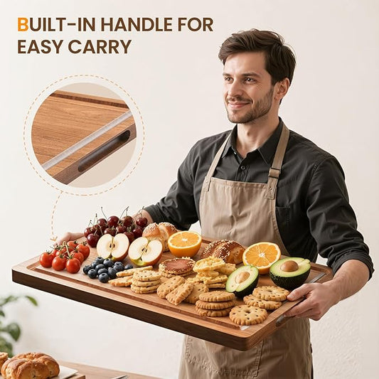 Acacia Wood Cutting Board for Kitchen,20x15x1.2 Inch Butcher Block with Juice Grooves and Side Handles, Large Charcuterie & Chopping Board for Meat Cheese Vegetables Fruit