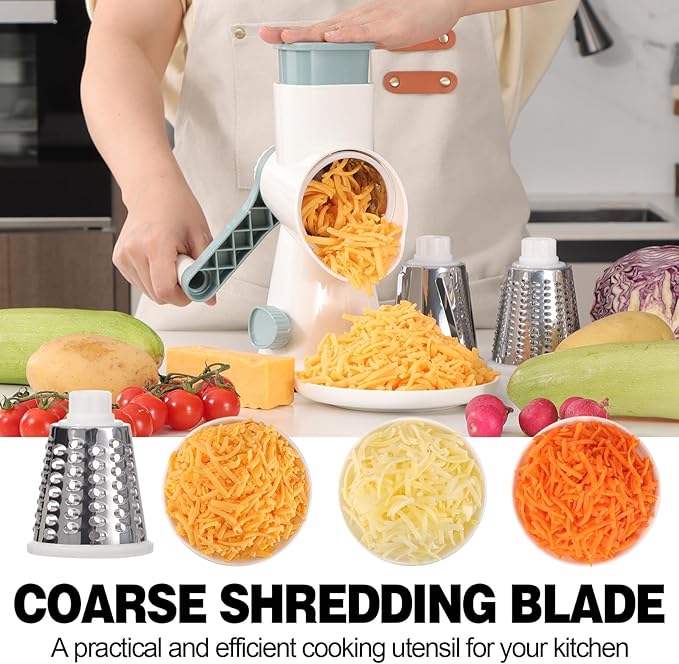 Cheese Grater Cheese Shredder with 3 Interchangeable Blades, Rotary Cheese Grater Manual Vegetable Slicer with Non-slip Suction Base Peanut Nuts Grinder Vegetable Shredder White