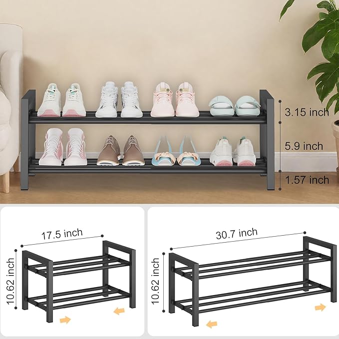 2-Tier Expandable Shoe Rack (17.5"-30.7") – Adjustable Heavy-Duty Metal Shoe Organizer Shelf for Closet, Entryway, Mudroom & Garage – Durable Freestanding Storage, Black