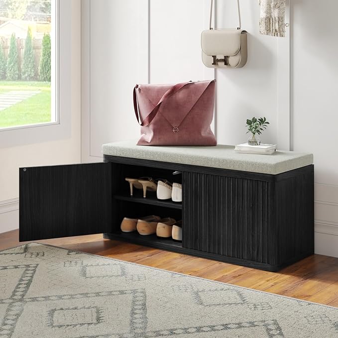Entryway Shoe Storage Bench with 2" Cushion, 37.4" Small Bench with Shoe Rack, Cabinet Organizer for Hallway，Bedroom End of Bed, Black