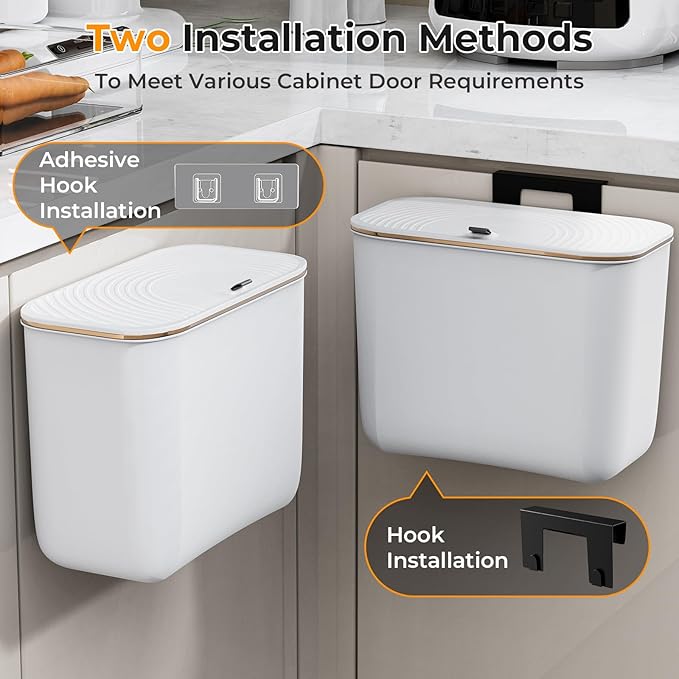 1.9 Gallon Hanging Trash Can - Small Under Sink Trash Can with Lid, Wall Mounted Compost Bin for Kitchen Cupboard Countertop, Odor-Control, Extended Clamping Ring, PET Material, White