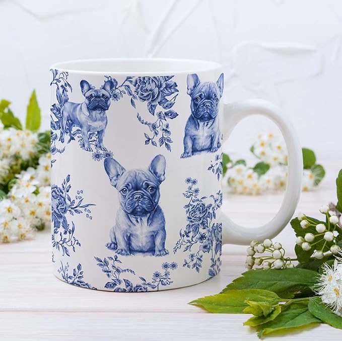 French Bulldog Blue French Toile Mug, Bulldogs Lover Gifts for Women, Blue Chinoiserie Toile Coffee Cup for Bulldog Mom, Dog Lovers Tea Coffee Mug Birthday Gifts for Dog Owners, 11oz