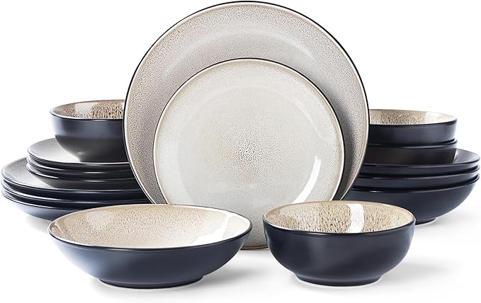 Plates and Bowls Sets for 4 - CJDC-QUELO 16-Piece Stoneware Dinnerware Sets, Ceramic Dishware Set for Kitchen Use and Formal Dining, Chip and Scratch Resistant Microwave Dishwasher Safe, Brown