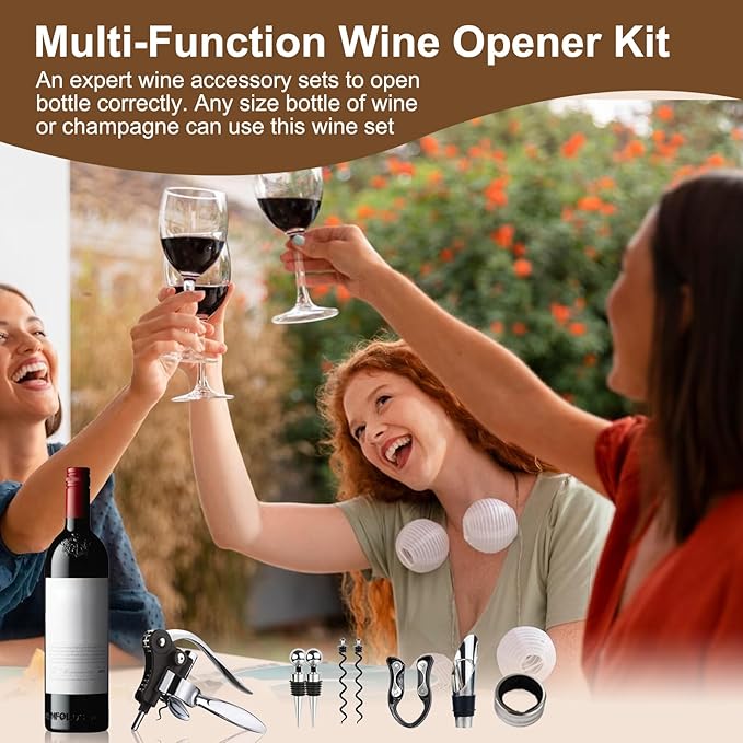 Wine Bottle Opener Gift Set - 8 PCS Corkscrew Opener with Wood Case, Stainless Steel Opener Kit for Birthdays & Weddings