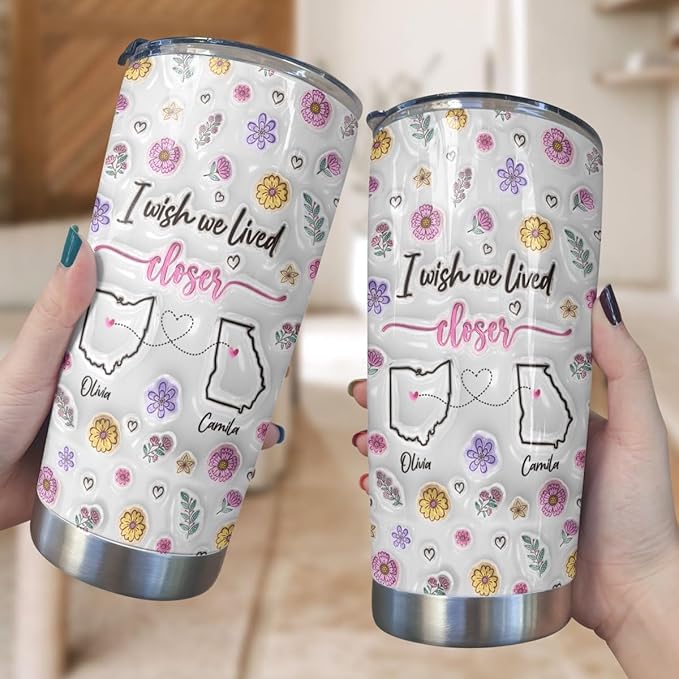 Personalized I Wish We Lived Closer Mug, Custom State To State Mugs With Name, Floral Decorations Cup, Mugs Gifts For Sisters Friends, Mug Gifts For Mother From Son Daughter