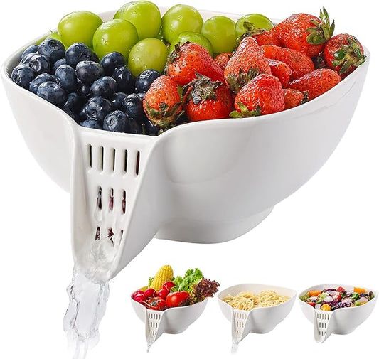 Dizada Multifunctional Ceramic Drain Basket with Integrated Drain Spout, Colander for Kitchen 60 Oz Large Capacity Food Strainer for Vegetable, Fruits, Pasta, Salad, Heat-Resistant, Dishwasher-Safe