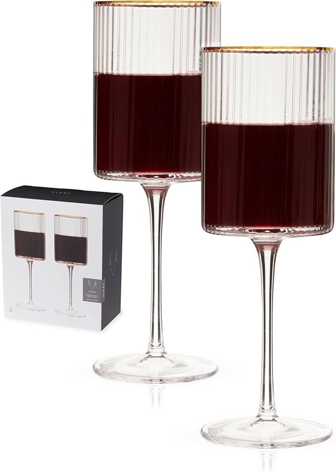 Viski Meridian Wine Glasses with Gold Rim, Crystal Drinking Glasses for Red and White Wines, Elegant Stemmed Glassware for Wedding Gifts, Birthday, Holiday, Dinner Party, Wine Lovers, 16 oz, Set of 2