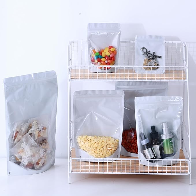 150-pack 7" x 10" Stand Up Mylar Bags with Clear Window 1 Quart Large Resealable Foil Pouches for Food Storage Smell Proof Edible Packaging Bag for Cookies and Small Business, Bulk