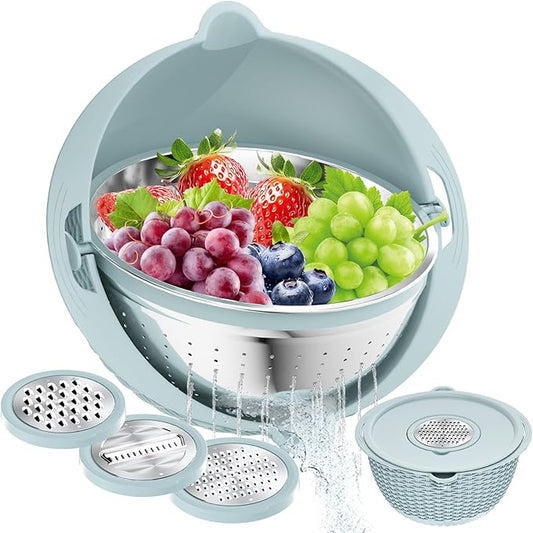 4 in 1 Colander with Mixing Bowl Set, Colander for Kitchen, Strainers and Colanders, Pasta Strainer, Fruit Cleaner, Veggie Wash, Aesthetic Kitchen Essentials - Blue