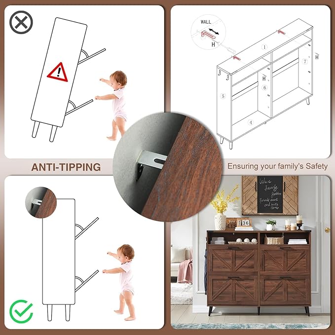 Shoe Storage Cabinet,Farmhouse Shoe Organizer with 4 Flip Drawers & Barn Door Design,Freestanding Hidden Slim Narrow Shoe Rack Cabinet with Open Shelves for Entryway,Foyer,Hallway,Walnut