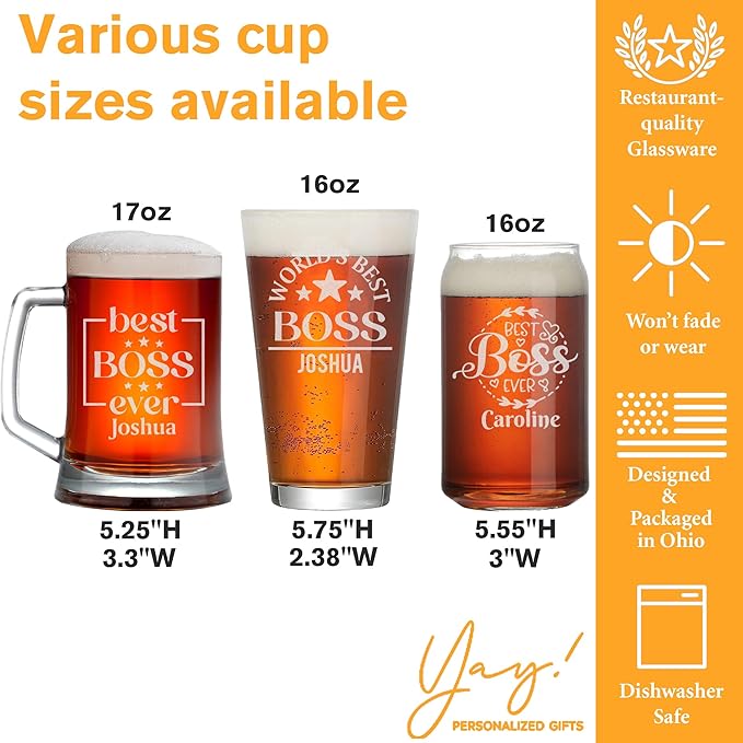 Personalized Boss Gifts for Men, Custom Beer Glass with Engraved Name, Birthday Farewell Retirement Christmas Boss Day Gift for Coworkers Staff Leader Office Decor