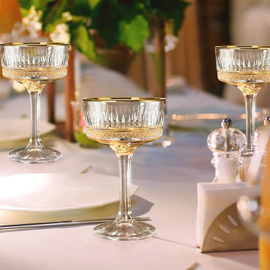 4Pcs Coupe Glasses, 10oz Crystal Martini Glasses with Gold Rim, Vintage Coupe Cocktail Glass, Martini Glassware for Espresso, Champagne, Cosmopolitan, Manhattan
