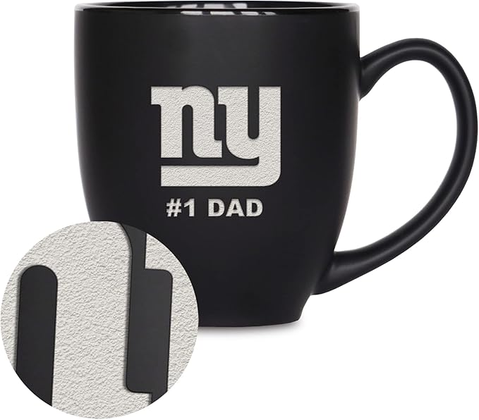 Rico Industries NFL Football #1 Dad 15oz Laser Engraved Matte Black Ceramic Bistro Mug - for Hot or Cold Drinks