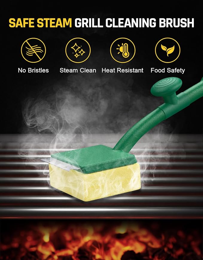 Detachable Steam Grill Brush with Scraper & Cleaning Pad, Bristle Free BBQ Grill Brush for Outdoor Grill, 15.7" Long Safe Grill Cleaner, Barbecue Brush for Cast Iron/Stainless-Steel Grates