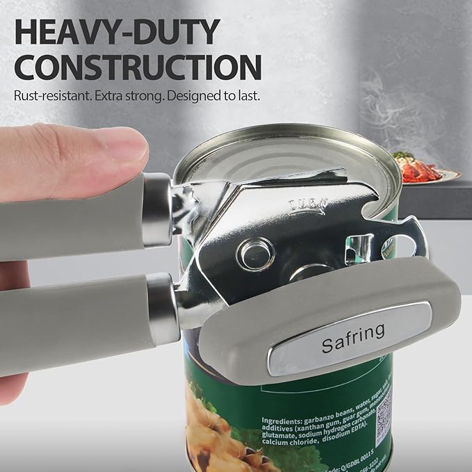 Can Opener Manual, Heavy Duty Handheld Strong Can Opener with Soft Touch Handle, Sharp Blade Smooth Edge, Can Openers with Multifunctional Bottle Opener, Gray