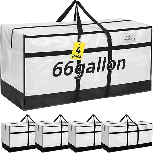 4 Pcs 66 Gallon Large Moving Bags with Zipper and Handles Foldable Storage Duffle Bags Heavy Duty Extra Large Totes for College Dorm Travel Clothes Blankets Bedding Moving (Black and White)