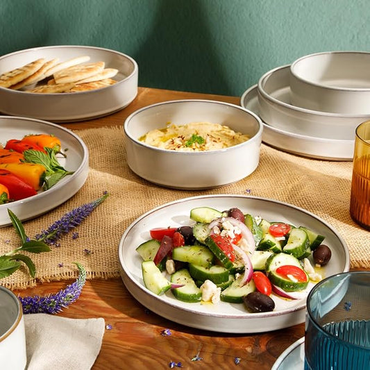 Bloomhouse - Two Time Oprah's Favorite Things Winner - Santorini Mist Double Bowl Terracotta Reactive Glaze Plates and Bowls Dinnerware Set - Moonstone White, Service for Four (16pcs)