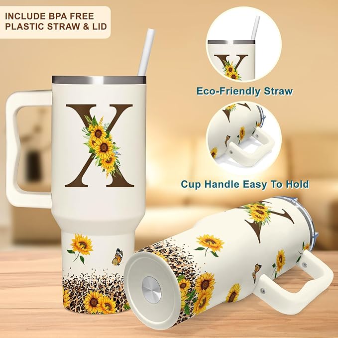 Personalized Birthday Gifts For Women - Sunflowers Monogrammed Cup For Boss Day, Christmas - Customized Gifts For Women, Mom, Wife, Coworkers, Boss Lady, Her - Custom Tumbler With Handle 40oz
