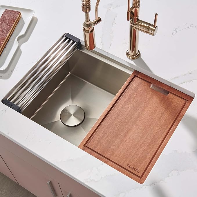 Ruvati 33-inch Workstation Kitchen Sink - Slope Bottom Offset Drain 16 Gauge Stainless Steel Kitchen Sink with Brushed Finish, Easy-to-Clean Undermount Sinks- RVH8591