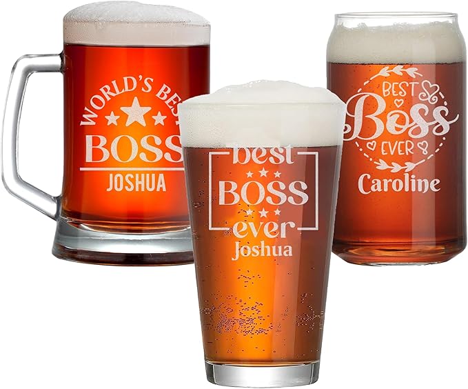 Personalized Boss Gifts for Men, Custom Beer Glass with Engraved Name, Birthday Farewell Retirement Christmas Boss Day Gift for Coworkers Staff Leader Office Decor