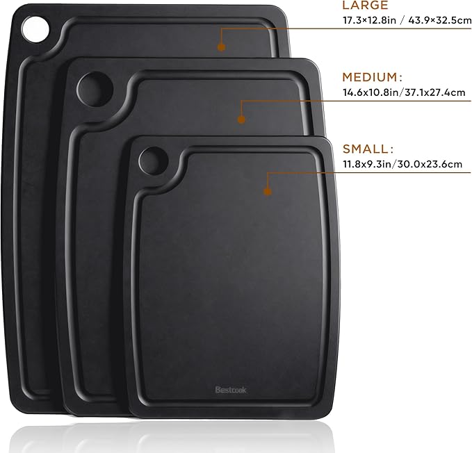 Cutting Board for Kitchen, 11.8x9.3Inch Wood Fiber Composite Cutting Board with Juice Groove and Non-slip Feet, Dishwasher Safe, Knife-Friendly Chopping Board for Meat, Bread, Fruit, Black