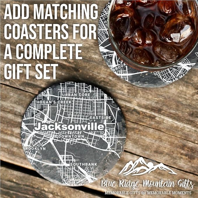 Blue Ridge Mountain Gifts - Jacksonville Souvenir - Florida Glassware Gift, Etched City Map, Laser Engraved and Dishwasher Safe