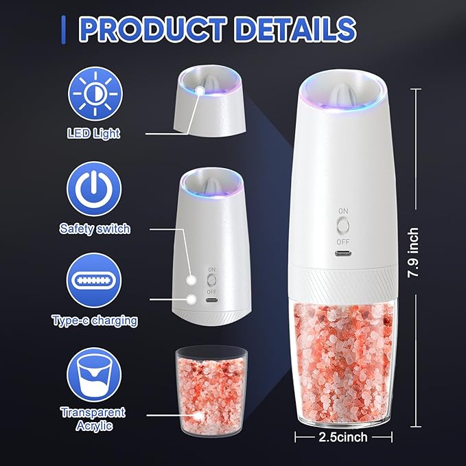 Gravity Electric Pepper and Salt Grinder Set, Adjustable Coarseness, With LED Light, One Hand Automatic Operation, 2 Pack (Black and white)