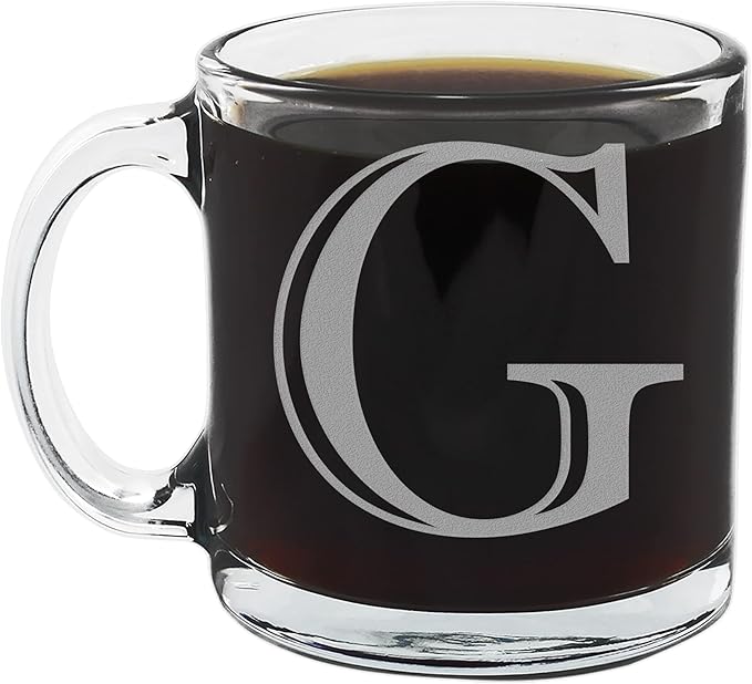 Spotted Dog Company Etched Monogram 12oz Clear Glass Coffee Mug (Letter G), A-Z Customized Coffee Gifts, Custom Engraved Gifts for Women Her, Personalized Gift for Men, Initial