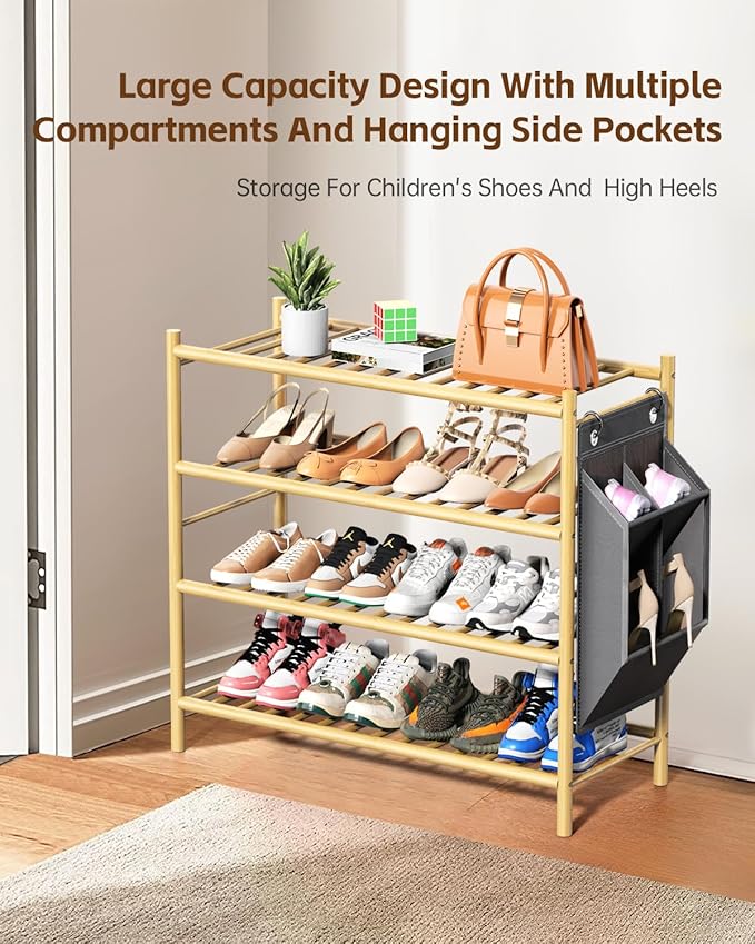 Bamboo Shoe Rack for Closet Small Wooden Shoe Organizer with Pouch, Sturdy Wood Shoe Shelf for Front Door Entrance Entryway and Outdoor, 26 inch Wide (Natural, 4-Tier)