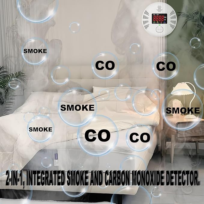 Carbon Monoxide and Smoke Detector Equipped with LCD Display, Battery Powered, Dual Sensor Alarm, 85dB Voice Alarm and Real-time CO Tracking, Suitable for Home/Kitchen/Bedroom/RV 4Pack
