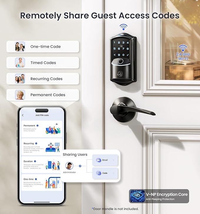 Veise VE027 Built-in Wi-Fi Smart Lock, Fingerprint Keyless Entry Front Door Lock, App Remote Control, No Hub Needed, Keypad Deadbolt, IP65 Waterproof, BHMA Grade 3, Matte Black