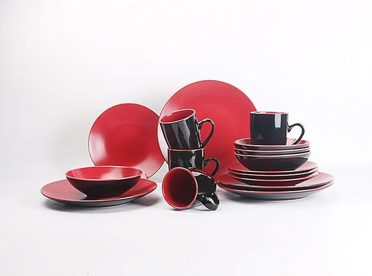 Stoneware Two-Tone Colors Life 16pc Dinner Set， Outside Shiny Black + Inside Matee Glaze Red