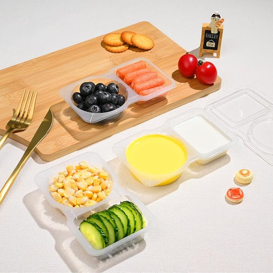 Double Compartment Snack Containers with Lids, 2 Compartment Condiment Container, Plastic Disposable Snack Pack Containers for Sauce, Salad, Food Storage Box(10PCS-Clear)