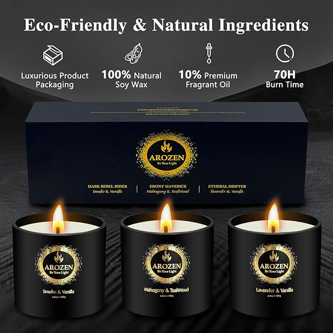 3 Pack Candles for Men, Scented Candles Gifts Set, Aromatherapy Soy Black Candles for Home Scented, Gifts for Men Chrismas, Scent of Lavender, Mahogany Teakwood & Smoke Vanilla, 70H Burn Time