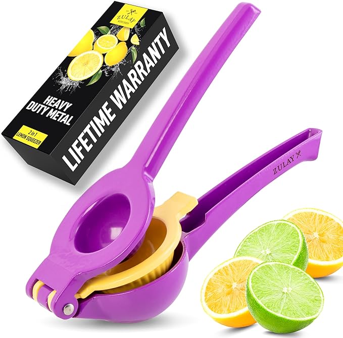 Zulay Kitchen Metal 2-in-1 Lemon Squeezer - Sturdy Max Extraction Hand Juicer Lemon Squeezer Gets Every Last Drop - Easy to Clean Manual Citrus Juicer - Easy-Use Lemon Juicer Squeezer - Purple/Yellow