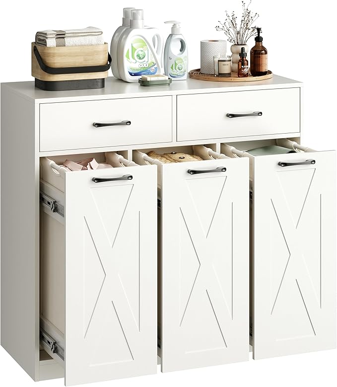Laundry Hamper Cabinet with Pull-Out Bags, 2 Drawers & Top Shelf, Hidden Laundry Basket Storage, 3 x 15.87 Gallons, Laundry Storage Cabinet for Laundry Room, Bedroom White YL01XLW