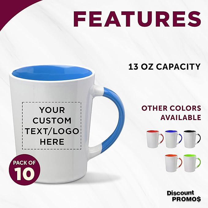 Custom Ceramic Latte Coffee Mugs by Albany 13 oz. Set of 10, Personalized Bulk Pack - Perfect for Coffee, Tea, Espresso, Hot Cocoa, Other Beverages - Process Blue