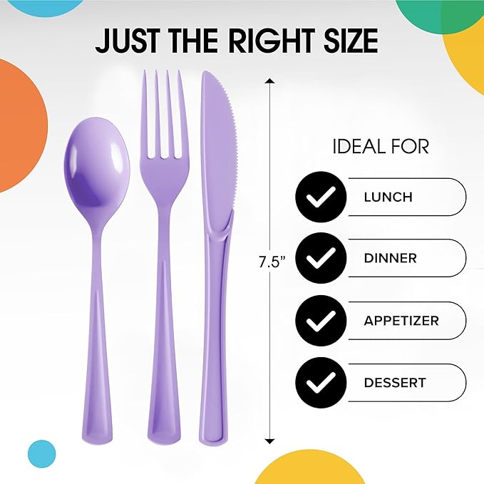 Party Solids Lavender Plastic Silverware Heavy Duty 150 Pieces Lavender Disposable Silverware Heavy Duty, Utensil Sets, 50 Of Each Forks, Knives & Spoons Disposable Cutlery Set For Party Supplies