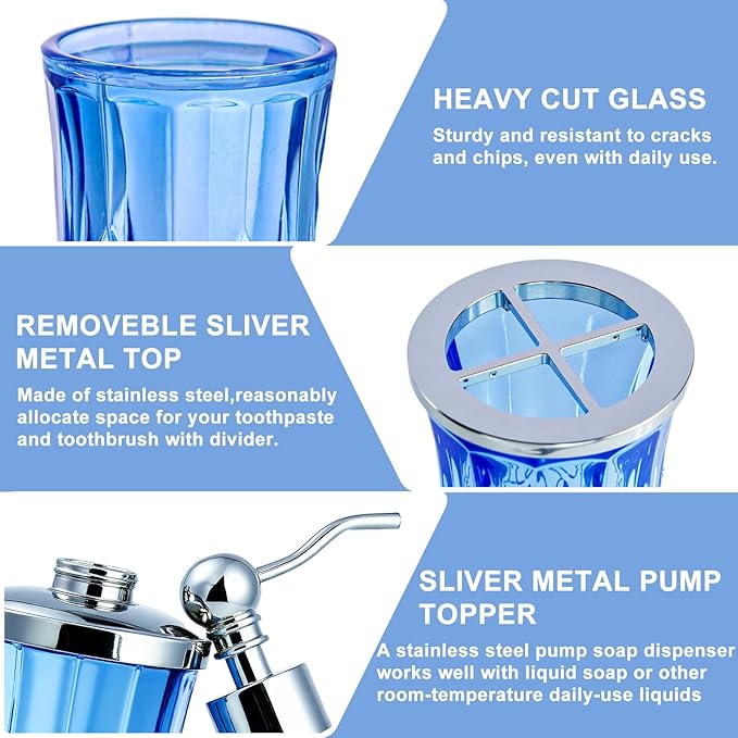 Bathroom Accessories Set,5 Pcs Blue Glass Bathroom Accessory Set,Complete Lotion Soap Dispenser,Toothbrush Holder,Soap Dish,Tumbler & Jar,Modern Bathroom Decor Sets,Gift for Home Apartment,Round