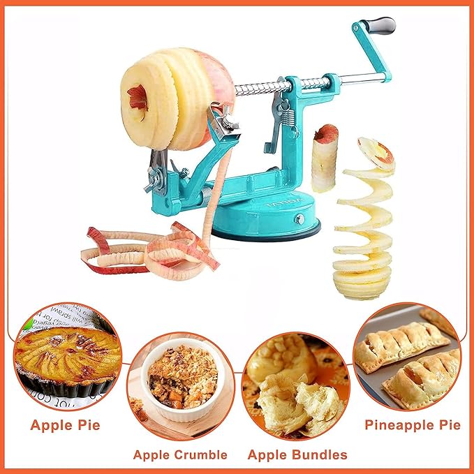 Apple Peeler Corer, Long lasting Chrome Cast Iron Apple Peeler Slicer Corer with Stainless Steel Blades and Powerful Suction Base for Apples and Potato(Blue)