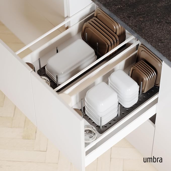 Umbra Peggy Kitchen Cupboard, Shelf and Drawer Organizer Tray - Adjustable Storage System for Food Containers, Cookware, Serveware, Utensils and More (Set of 2)