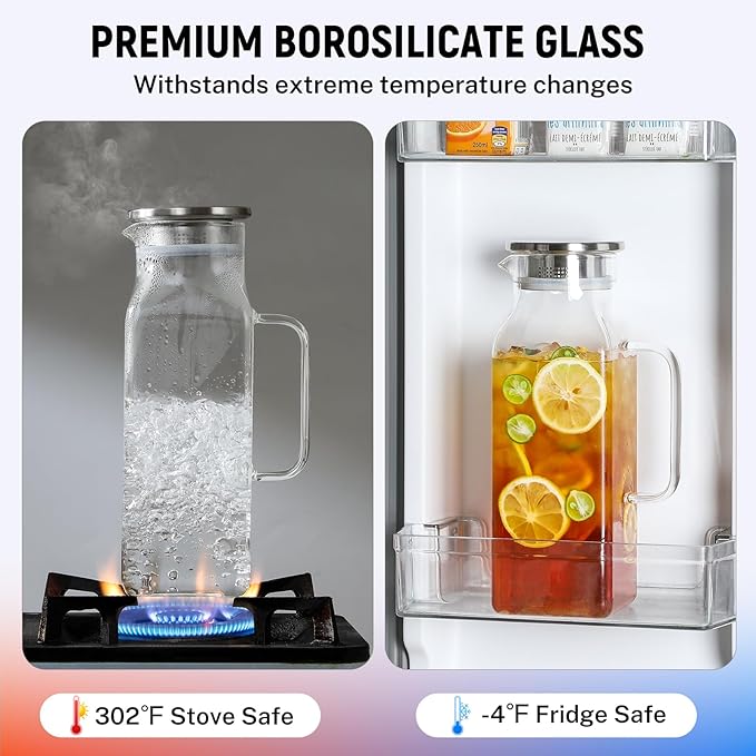 Netany 2 Pack 2 Liters/68 oz Square Glass Pitcher with Lid and Handle for Fridge, Iced Tea and Coffee Carafe Beverage Serveware, Heat Resistant Borosilicate Water Jug for Hot/Cold Drinks and Milk
