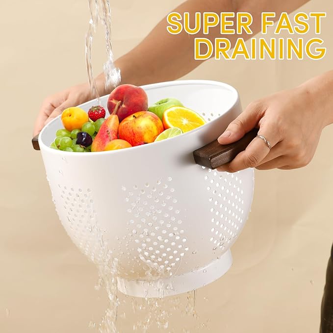 Metal Colander with Wood Handle & Self-Draining Base | 5.8QT Large Pasta Strainer for Kitchen | Scratch-Resistant Powder Coated Steel Basket for Vegetables, Fruit, Berries (White)
